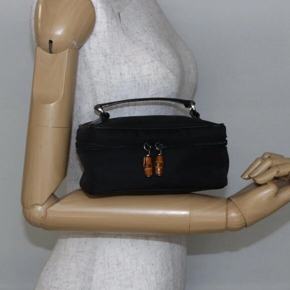 GUCCI Bamboo Vanity Hand Bag Nylon Black Silver Auth - Picture 15 of 16